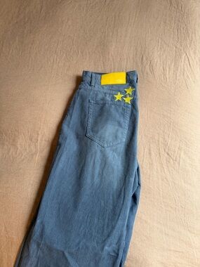 Scuffles Wide-Leg Corduroy Pants in Blue with Yellow Star Detail